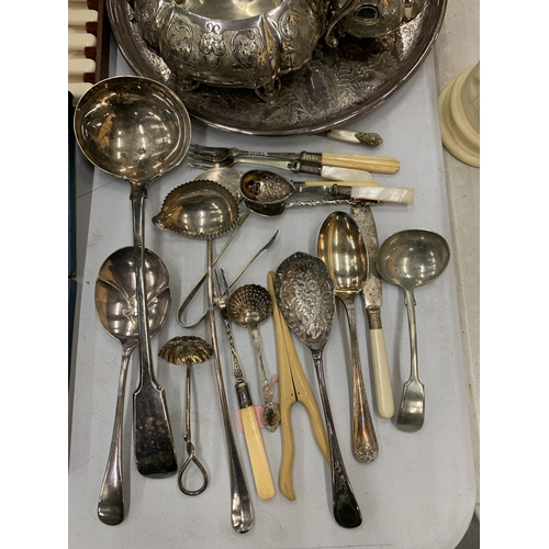 123 - AN ASSORTMENT OF SILVERPLATE TO INCLUDE A TEASET, TRAY, TEA STRAINERS, LADELS,  FLATWARE, ETC.,