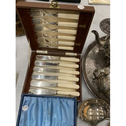 123 - AN ASSORTMENT OF SILVERPLATE TO INCLUDE A TEASET, TRAY, TEA STRAINERS, LADELS,  FLATWARE, ETC.,
