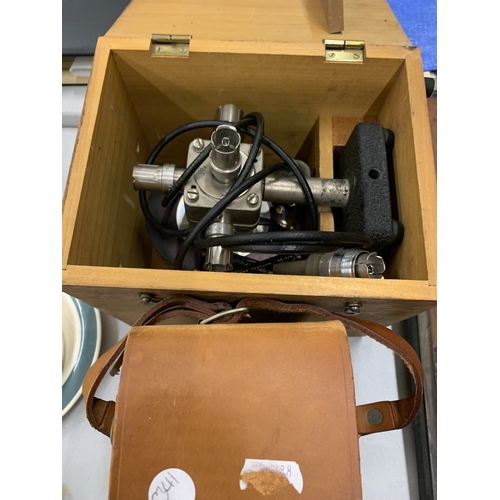 155A - A POST OFFICE TESTER IN A LEATHER CASE TOGETHER WITH A FURTHER TECHNICAL INSTRUMENT IN A WOODEN BOX