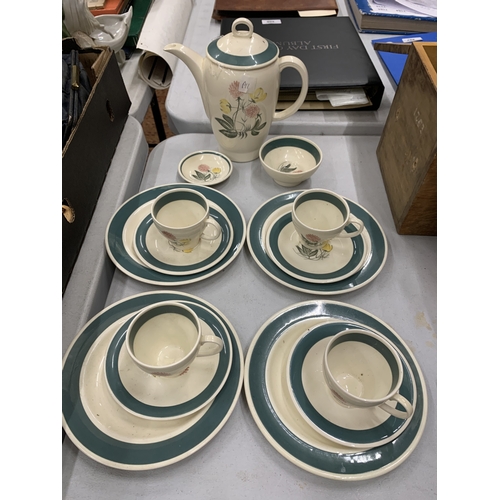 156 - A SUSIE COOPER PART TEA SET TO INCLUDE A TEAPOT, FOUR TRIOS AND SUGAR BOWL