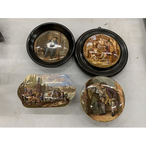 178 - FOUR PIECES OF PRATWARE TO INCLUDE TWO FRAMED POT LIDS AND TWO LIDDED TRINKET DISHES