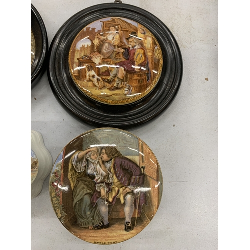 178 - FOUR PIECES OF PRATWARE TO INCLUDE TWO FRAMED POT LIDS AND TWO LIDDED TRINKET DISHES