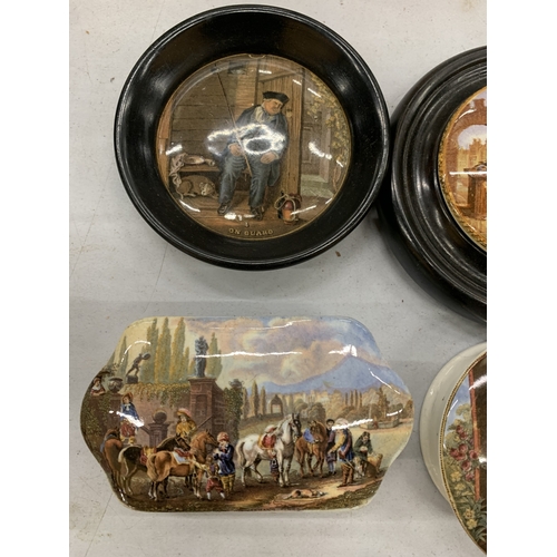 178 - FOUR PIECES OF PRATWARE TO INCLUDE TWO FRAMED POT LIDS AND TWO LIDDED TRINKET DISHES