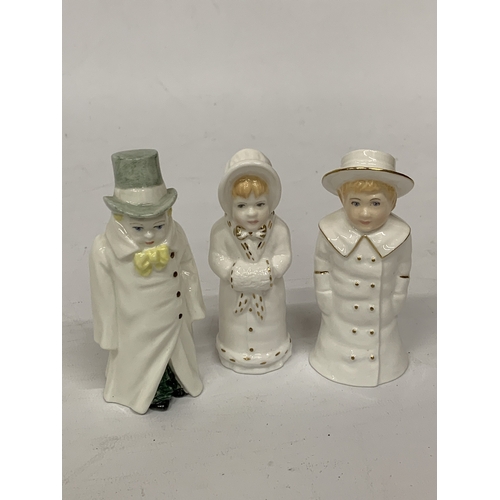 808 - THREE ROYAL WORCESTER CANDLE SNUFFERS, BOY WITH BOATER, BUDGE AND GIRL WITH MUFF