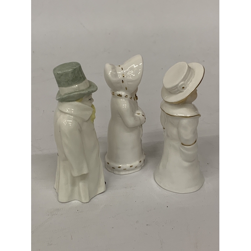 808 - THREE ROYAL WORCESTER CANDLE SNUFFERS, BOY WITH BOATER, BUDGE AND GIRL WITH MUFF