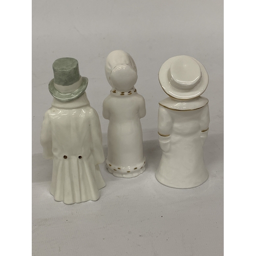 808 - THREE ROYAL WORCESTER CANDLE SNUFFERS, BOY WITH BOATER, BUDGE AND GIRL WITH MUFF