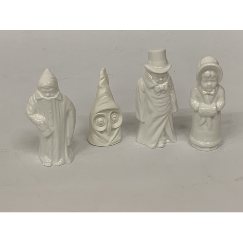 809 - FOUR UNMARKED, WHITE ROYAL WORCESTER CANDLE SNUFFERS