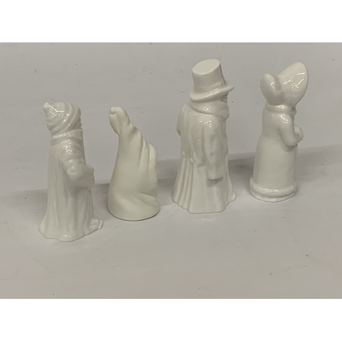 809 - FOUR UNMARKED, WHITE ROYAL WORCESTER CANDLE SNUFFERS