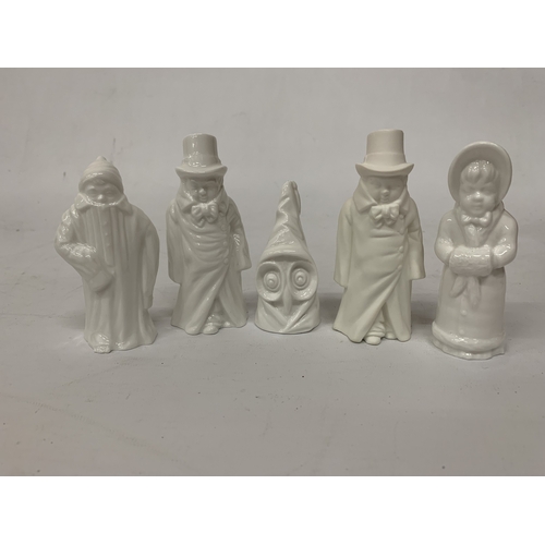 810 - FIVE UNMARKED, WHITE ROYAL WORCESTER CANDLE SNUFFERS