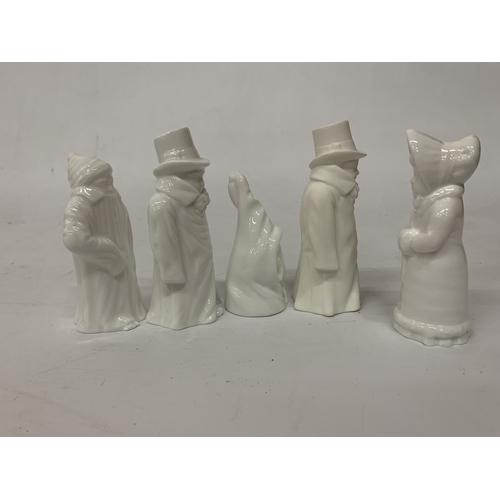 810 - FIVE UNMARKED, WHITE ROYAL WORCESTER CANDLE SNUFFERS