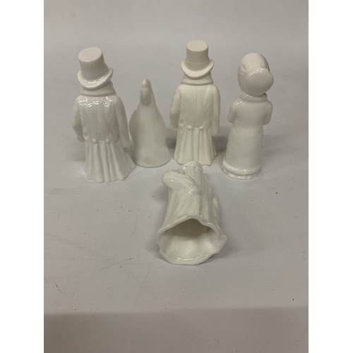 810 - FIVE UNMARKED, WHITE ROYAL WORCESTER CANDLE SNUFFERS