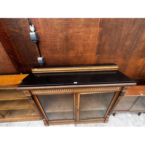 2526 - A LAMB OF MANCHESTER VICTORIAN BURR WALNUT AND EBONISED GLAZED TWO DOOR CABINET WITH FLUTED COLUMNS ... 