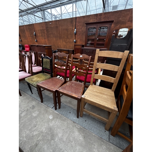 2594 - A PAIR OF LADDER BACK BEDROOM CHAIRS AND EBONISED PARLOUR CHAIR