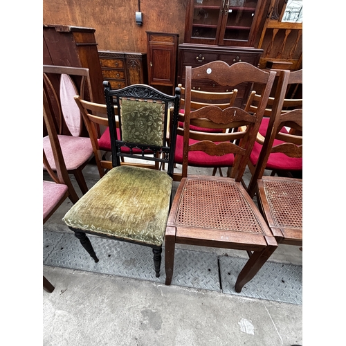 2594 - A PAIR OF LADDER BACK BEDROOM CHAIRS AND EBONISED PARLOUR CHAIR