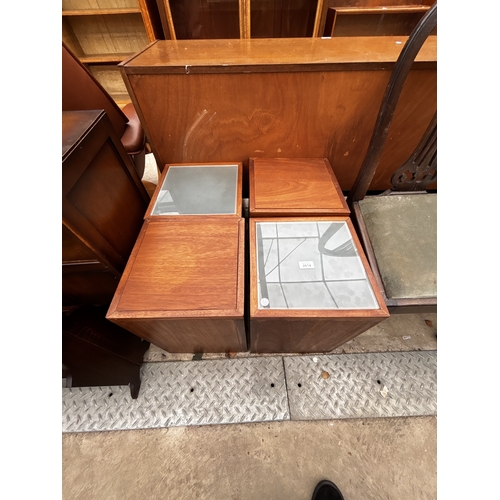 2614 - A SET OF FOUR RETRO TEAK CUBE TABLES, TWO WITH INSET SMOKED GLASS TOPS