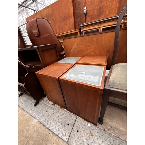 2614 - A SET OF FOUR RETRO TEAK CUBE TABLES, TWO WITH INSET SMOKED GLASS TOPS