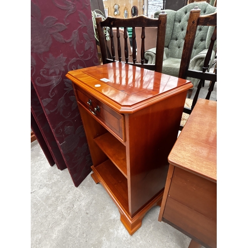 2649 - A YEW WOOD BOOKCASE WITH SINGLE DRAWER, 18' WIDE