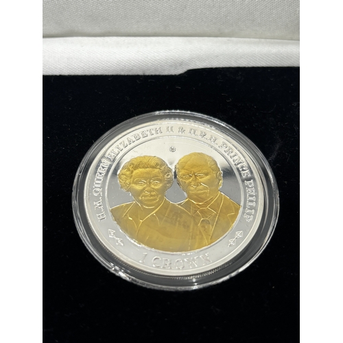 330 - A BOXED PROOF SET OF TWO FALKLAND ISLAND CROWNS ELIZABETH II AND PRINCE PHILIP