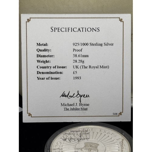 331 - A BOXED PROOF ELIZABETH II 40th ANNIVERSARY OF THE CORONATION SILVER FIVE POUND COIN