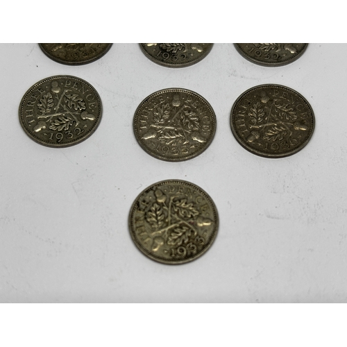 345 - TEN POST 1920 TO PRE 1947 THREE PENCES