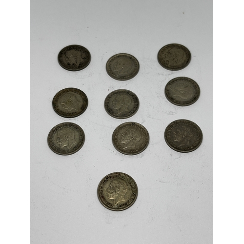 345 - TEN POST 1920 TO PRE 1947 THREE PENCES