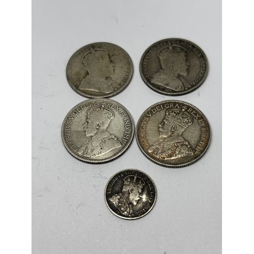 349 - FIVE PRE 1920 SILVER CANADIAN COINS