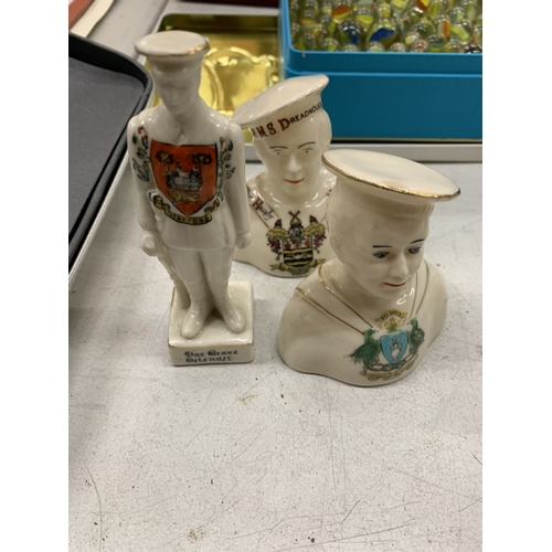 213 - THREE VINBTAGE WWI CRESTED WARE PIECES TO INCLUDE A STAFFORD SOLDIER AND TWO DREADNOUGHT SAILORS