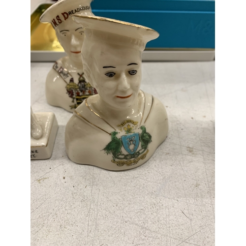 213 - THREE VINBTAGE WWI CRESTED WARE PIECES TO INCLUDE A STAFFORD SOLDIER AND TWO DREADNOUGHT SAILORS