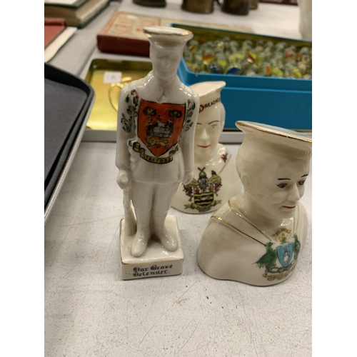 213 - THREE VINBTAGE WWI CRESTED WARE PIECES TO INCLUDE A STAFFORD SOLDIER AND TWO DREADNOUGHT SAILORS