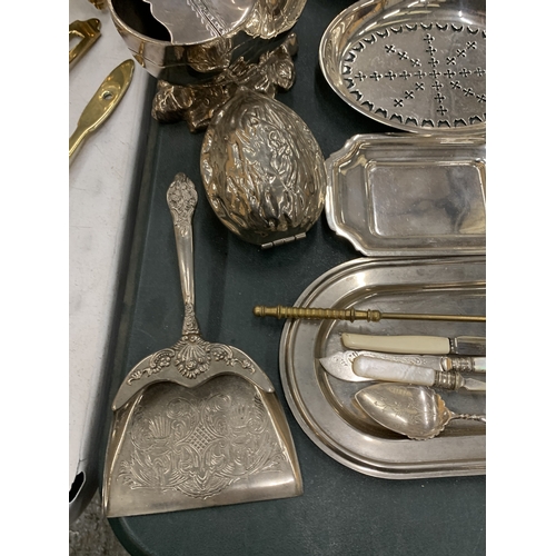 229 - AN ASSORTMENT OF PLATED WARE TO INCLUDE JUGS, PLATES, NUTS, CANDLE SNUFFER, BOWLS ETC