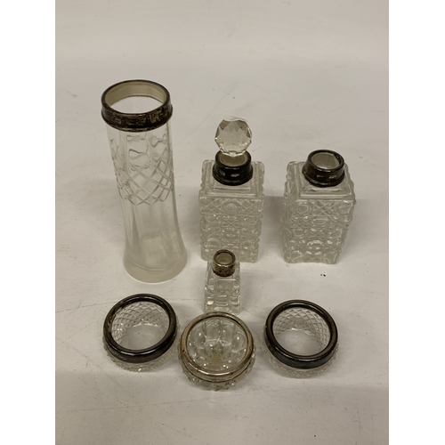 31 - A COLLECTION OF SEVEN GLASS JARS AND DISHES, FIVE WITH HALLMARKED COLLARS