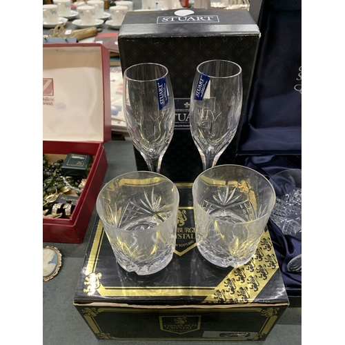 243 - TWO BOXES OF STUART CRYSTAL GLASSES TO INCLUDE BRANDY GLASSES, CHAMPAGNE FLUTES AND A FURTHER TWO ED... 