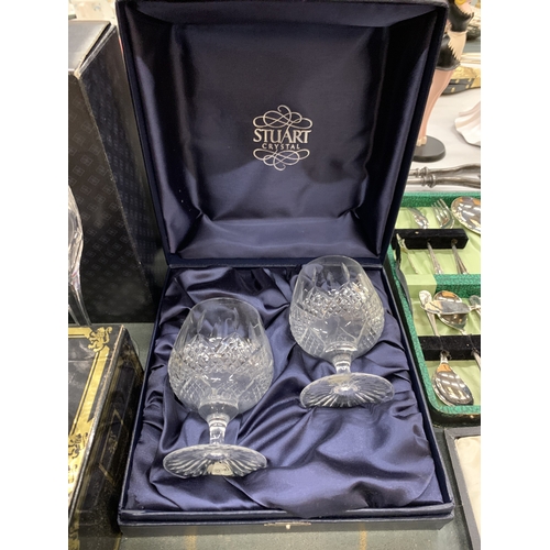 243 - TWO BOXES OF STUART CRYSTAL GLASSES TO INCLUDE BRANDY GLASSES, CHAMPAGNE FLUTES AND A FURTHER TWO ED... 