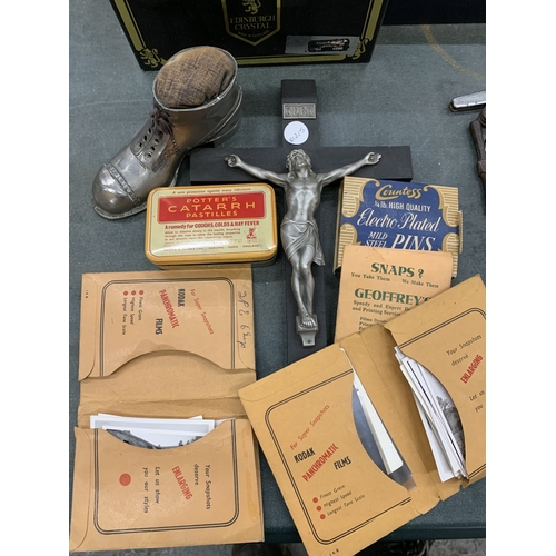 245 - A METAL BOOT PIN CUSHION, CRUCIFIX, VINTAGE POTTER'S CATARRH PASTILES TIN, BLACK & WHITE AND SEPIA V... 