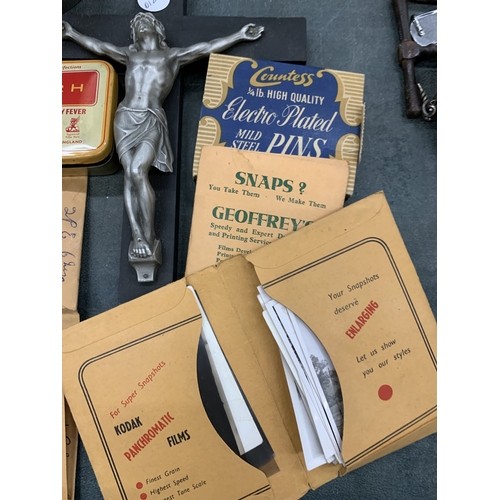 245 - A METAL BOOT PIN CUSHION, CRUCIFIX, VINTAGE POTTER'S CATARRH PASTILES TIN, BLACK & WHITE AND SEPIA V... 