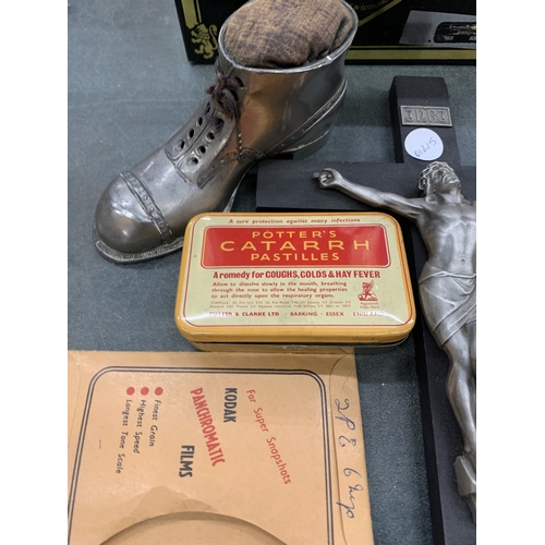 245 - A METAL BOOT PIN CUSHION, CRUCIFIX, VINTAGE POTTER'S CATARRH PASTILES TIN, BLACK & WHITE AND SEPIA V... 