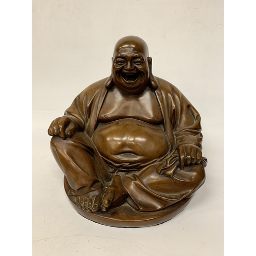 347 - A VINTAGE CARVED WOODEN FIGURE OF A LAUGHING BUDDHA - APPROX. 32 CM (H)