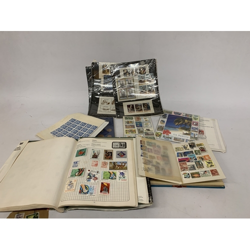 212 - TWO VINATGE STAMP ALBUMS, COINS AND SHEETS OF STAMPS