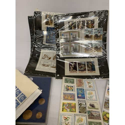 212 - TWO VINATGE STAMP ALBUMS, COINS AND SHEETS OF STAMPS