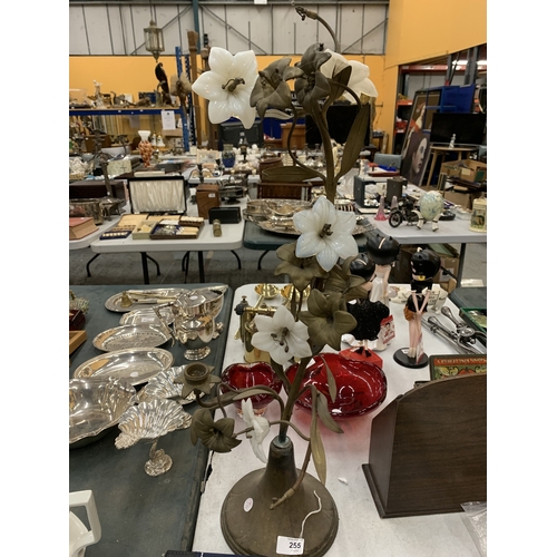 255 - A VINTAGE FRENCH CANDLE HOLDER WITH GLASS FLOWERS