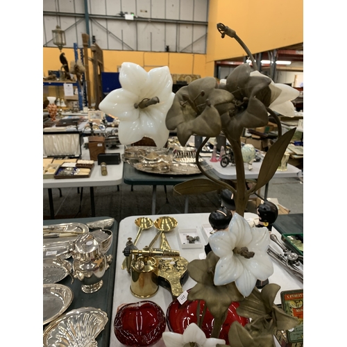 255 - A VINTAGE FRENCH CANDLE HOLDER WITH GLASS FLOWERS