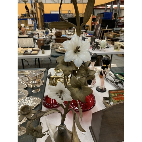 255 - A VINTAGE FRENCH CANDLE HOLDER WITH GLASS FLOWERS