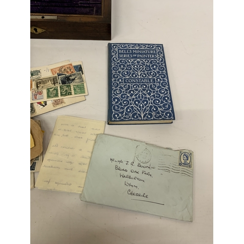270 - A WOODEN CASED PART DRAUGHTSMAN SET, DECORATIVE TIN CONTAINING LOOSE STAMPS AND A CONSTABLE BELL'S M... 