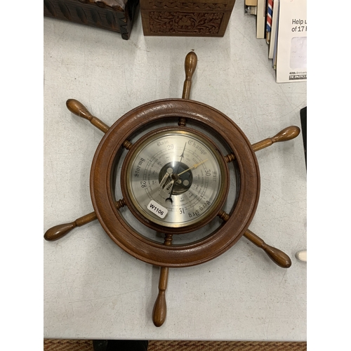 277 - A WOODEN BAROMETER IN THE FORM OF A SHIPS WHEEL, 15
