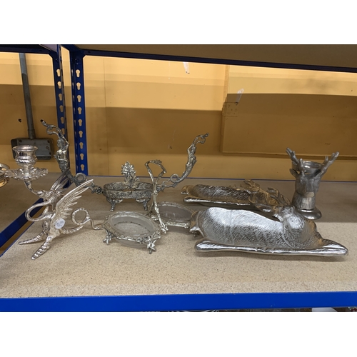 287 - A QUANTITY OF SILVER PLATED AND SILVER COLOURED ITEMS TO INCLUDE, STAG THEMED SERVING DISHES AND CAN... 