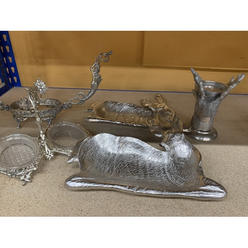 287 - A QUANTITY OF SILVER PLATED AND SILVER COLOURED ITEMS TO INCLUDE, STAG THEMED SERVING DISHES AND CAN... 