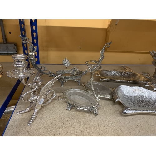 287 - A QUANTITY OF SILVER PLATED AND SILVER COLOURED ITEMS TO INCLUDE, STAG THEMED SERVING DISHES AND CAN... 