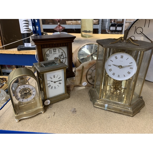 903 - SIX CLOCKS TO INCLUDE A WALL CLOCK, TWO CARRIAGE CLOCKS AN ANNIVERSARY CLOCK, ETC