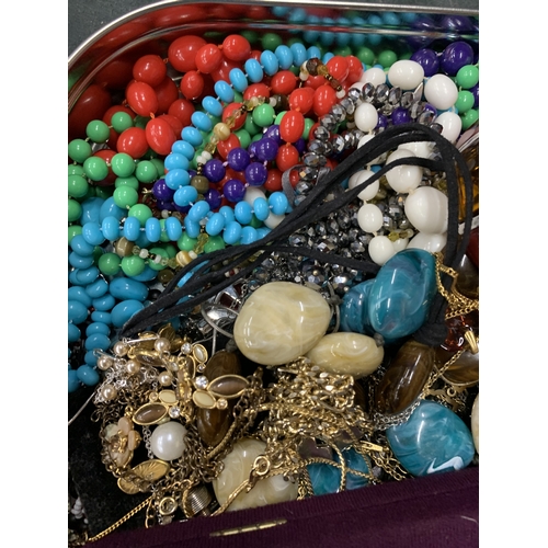911 - A QUANTITY OF COSTUME JEWELLERY TO INCLUDE CHAINS WITH PENDANTS, BEADS, BRACELETS, BROOCHES, ETC
