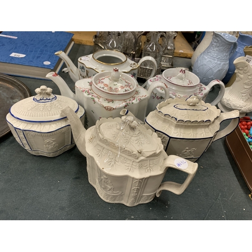 913 - FIVE VINTAGE TEAPOTS TO INCLUDE TWO PARIAN WARE AND A PARIAN WARE SUGAR BOWL